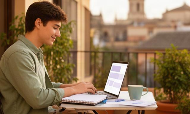 Joven profesional revisando su presupuesto en euros en una terraza luminosa de Sevilla