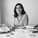 Yanely Peluche preparando una guía de educación financiera junto a libros y documentos de trabajo