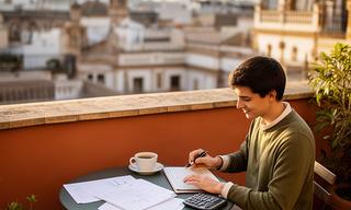Joven profesional revisando un presupuesto en una terraza de Sevilla