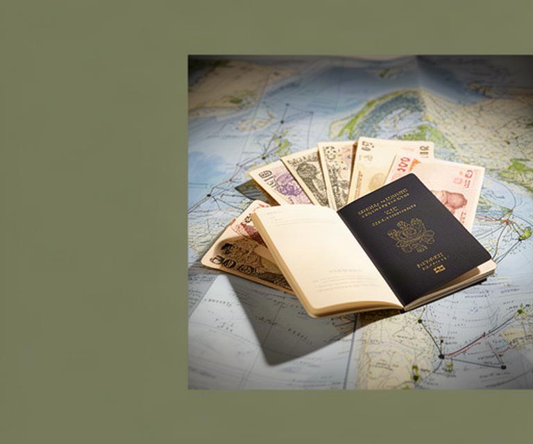 Pasaporte abierto junto a billetes de libras, dólares y yenes sobre un mapa de viaje